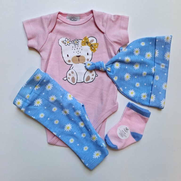 4-piece baby outfit set featuring a bear bodysuit, leggings, hat, and socks.